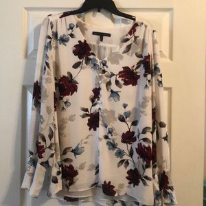 White Blouse with light blue and raspberry flowers